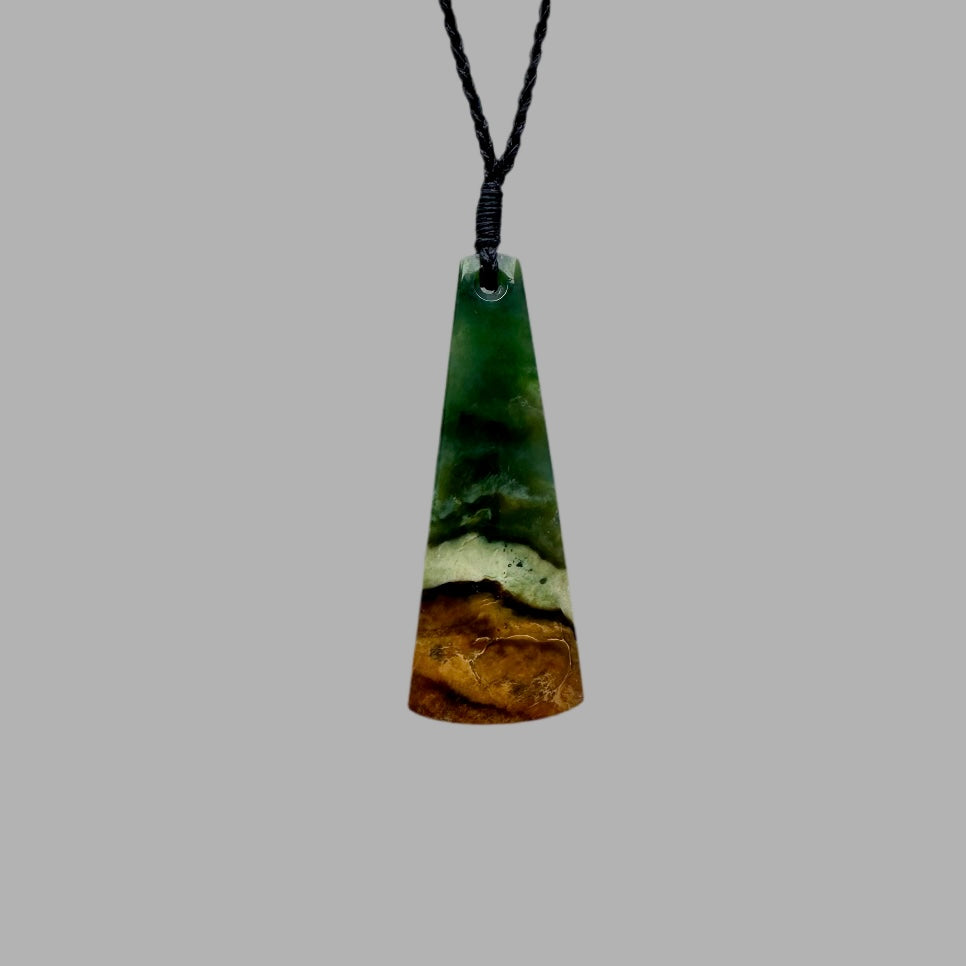Te Wahi Pounamu Green, White and Gold Landscape Drop 65mm