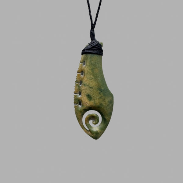 Te Wahi Pounamu Flower Jade Pendant with Koru 70mm