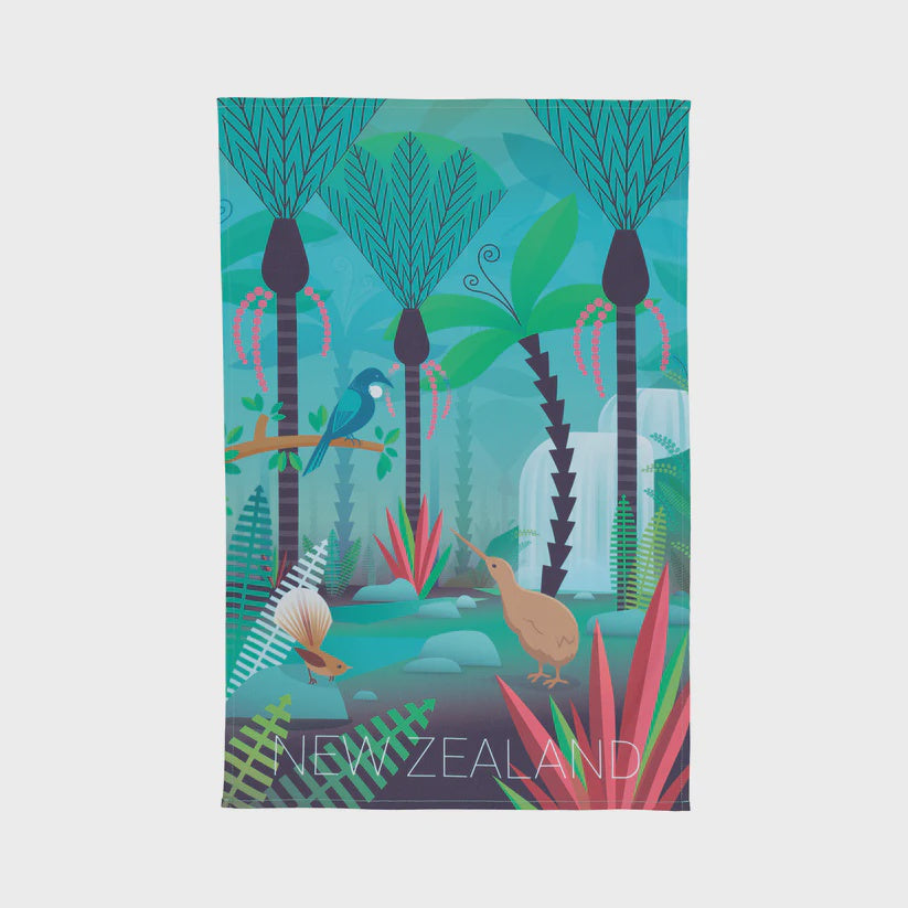 NZ Scene Bird and Bush Tea Towel