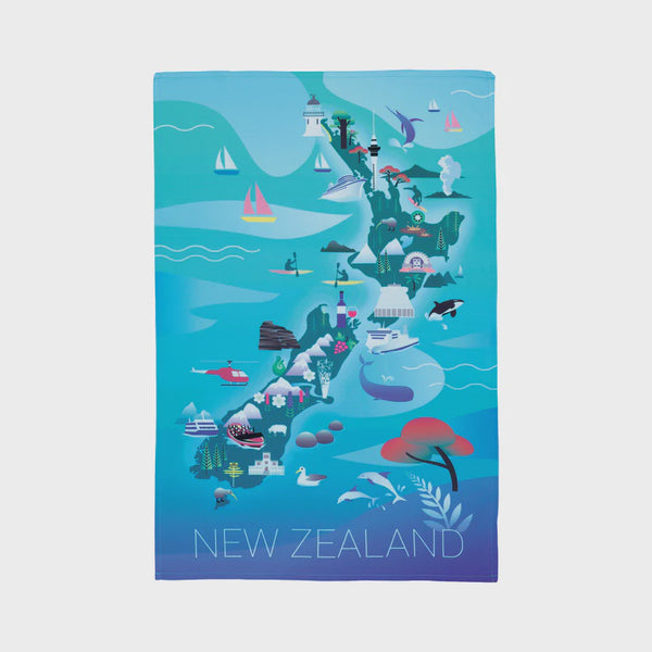 NZ Map and Icons Tea Towel