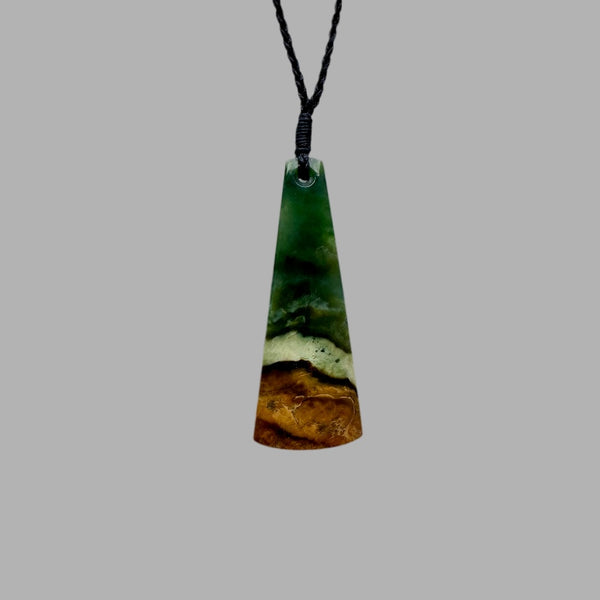 Te Wahi Pounamu Green, White and Gold Landscape Drop 65mm