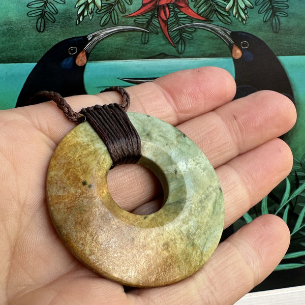 Bound Pounamu Disc Pendant - Brown Cord